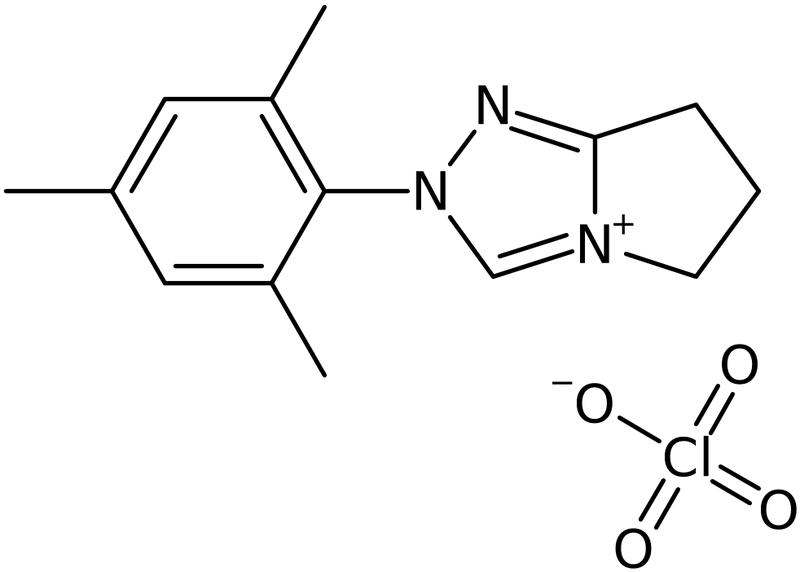 CAS: 1334529-08-6 | 2-(2,4,6-Trimethyl-phenyl)-2,5,6,7-tetrahydro-pyrrolo[2,1-c][1,2,4]triazol-4-ylium perchlorate, NX21349