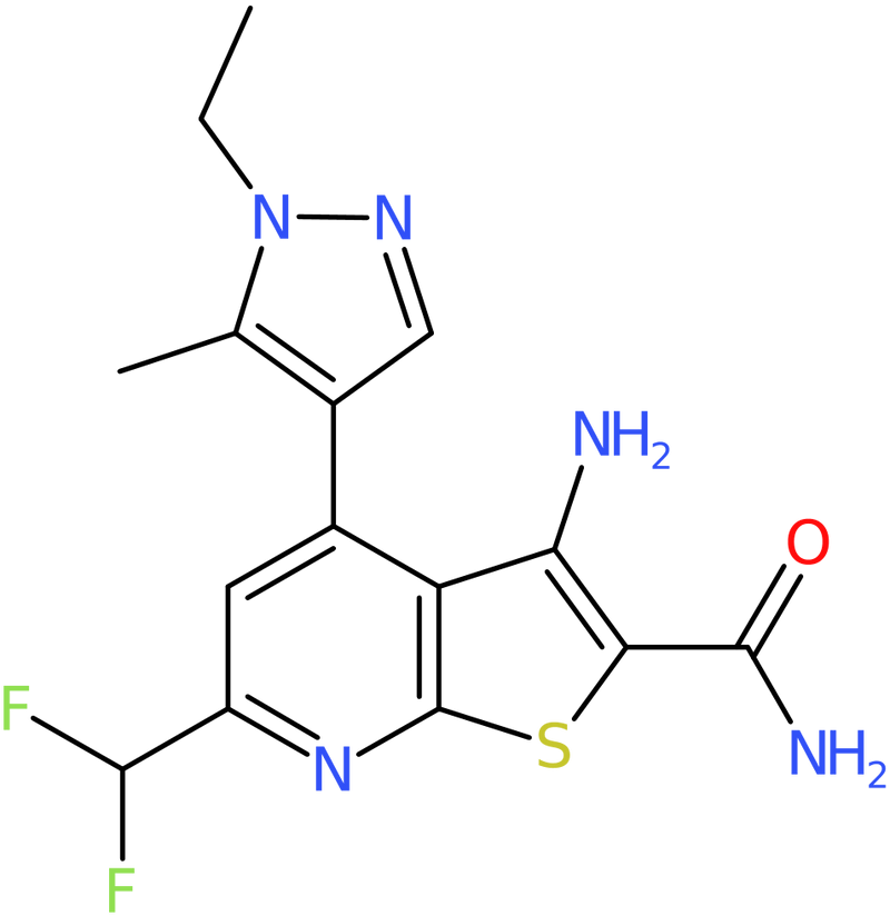 CAS: 1005582-49-9 | 3-Amino-6-(difluoromethyl)-4-(1-ethyl-5-methyl-1H-pyrazol-4-yl)thieno[2,3-b]pyridine-2-carboxamide, NX10549