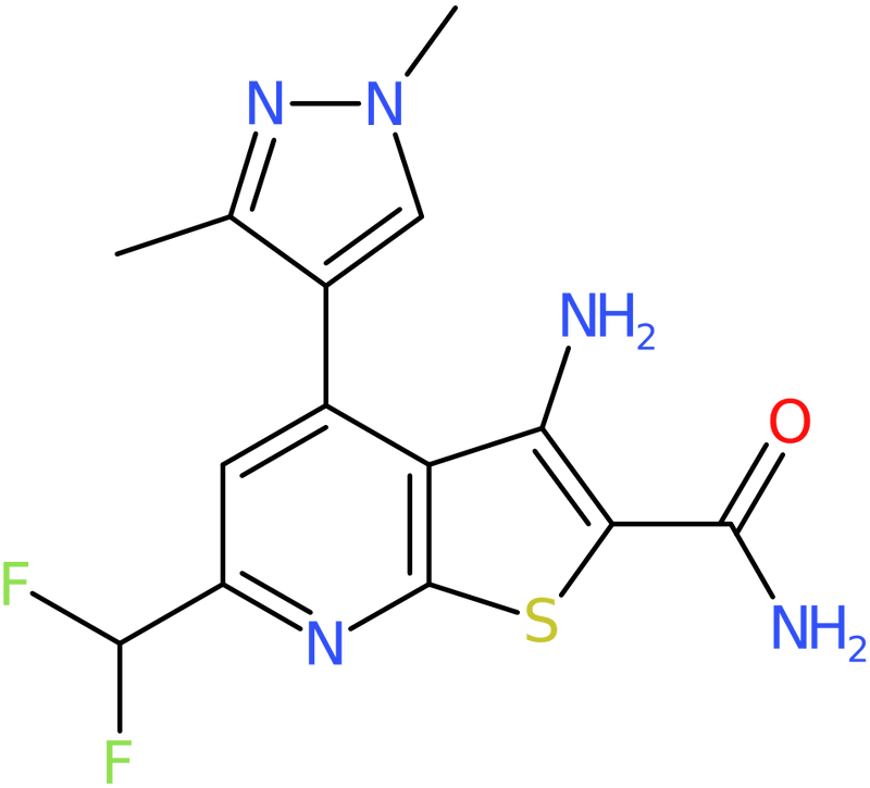 CAS: 1005694-50-7 | 3-Amino-6-(difluoromethyl)-4-(1,3-dimethyl-1H-pyrazol-4-yl)thieno[2,3-b]pyridine-2-carboxamide, NX10570